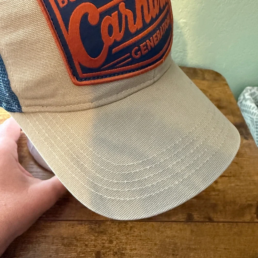 Carhartt Generations Trucker Hat Mens Tan Navy Blue Mesh Snapback Cap Retro Look